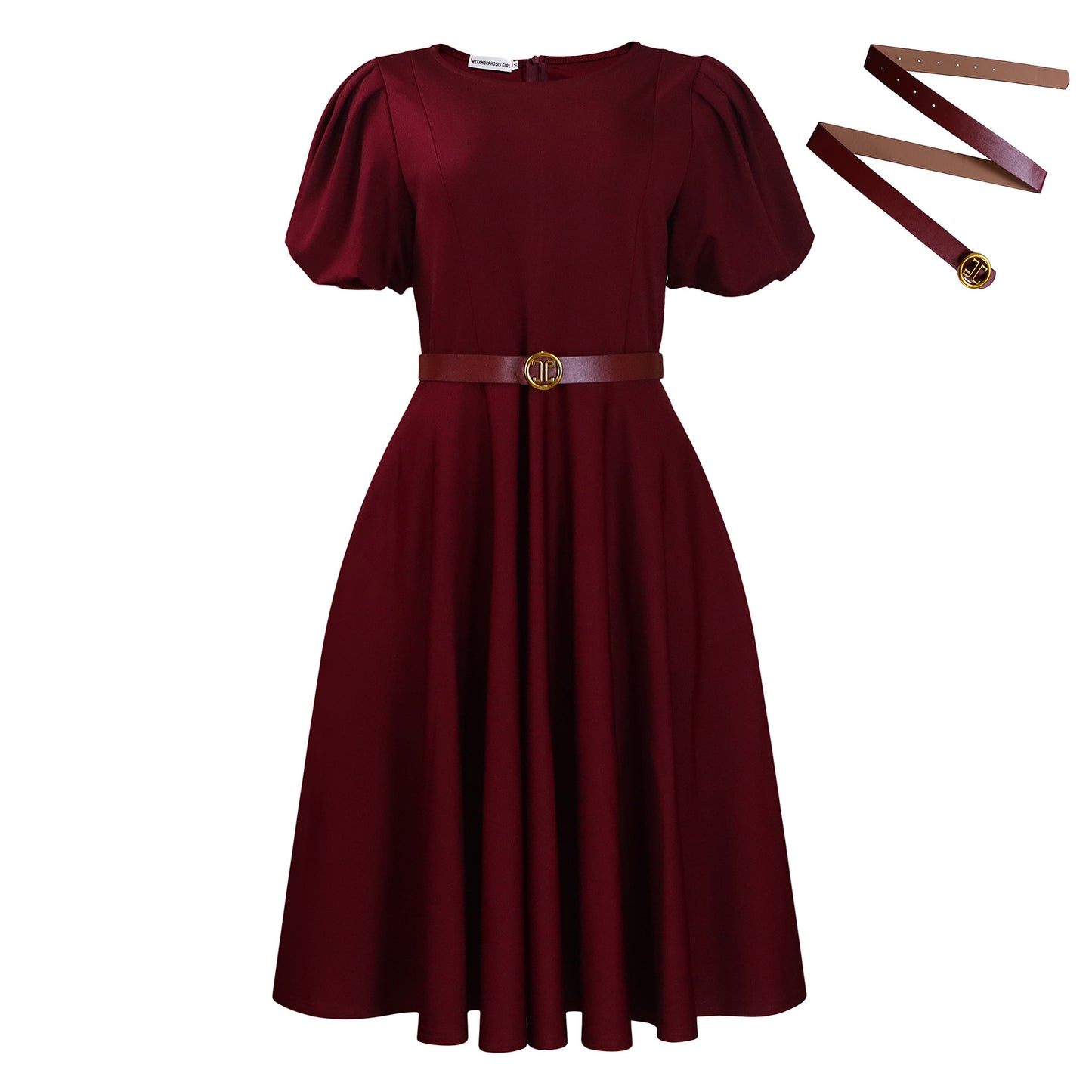Women's Round Neck Elegant Large Hem Puff Sleeve A- Dress