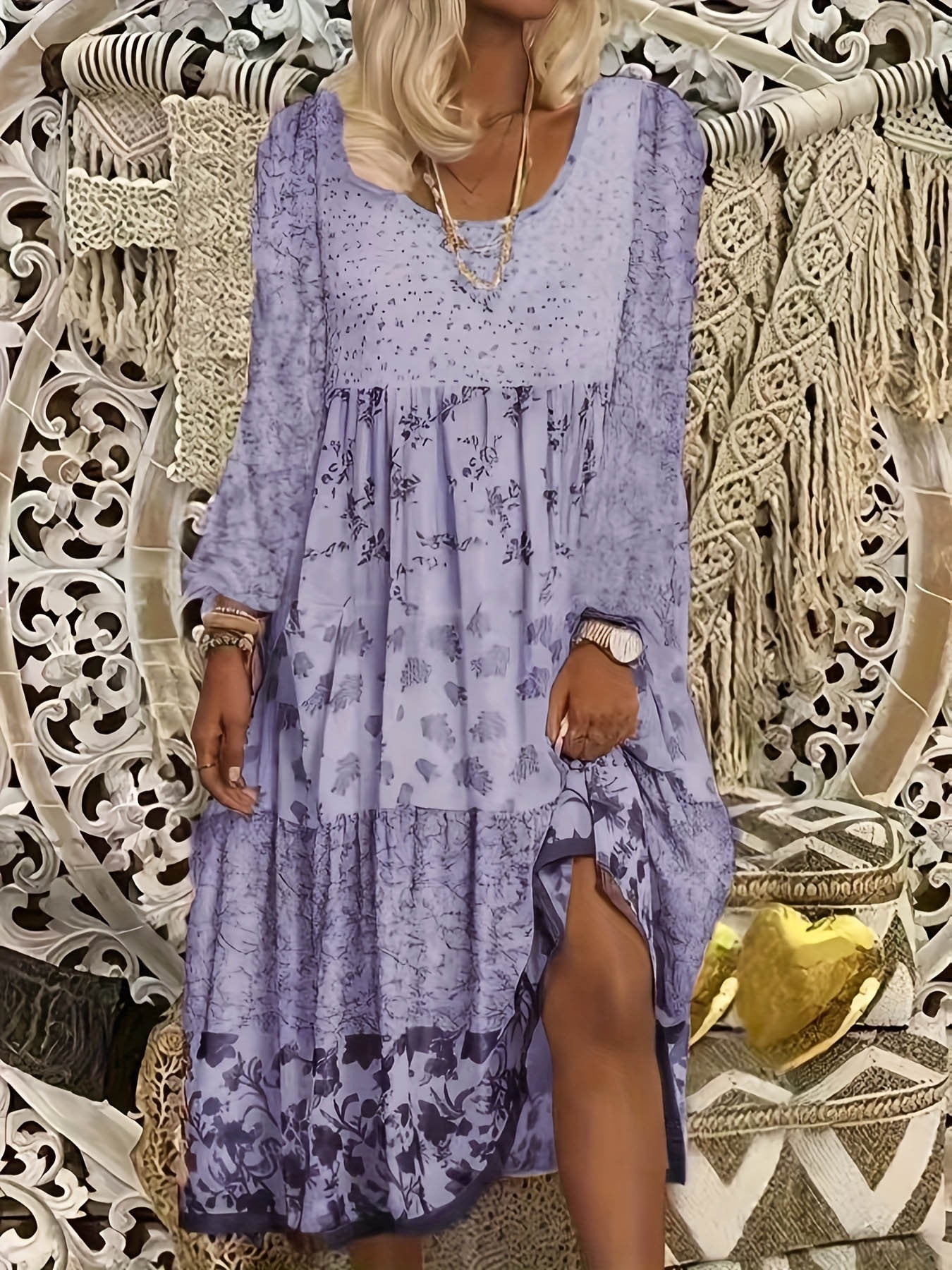 Casual Women's Long-sleeved Printed Round Neck Dress