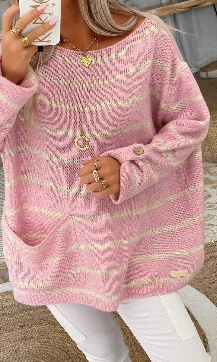 Women's Contrast Color Striped Pullover Round Neck Sweaters