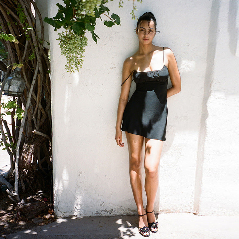 Color Silk Square Collar Slimming Sexy Suspenders Dresses