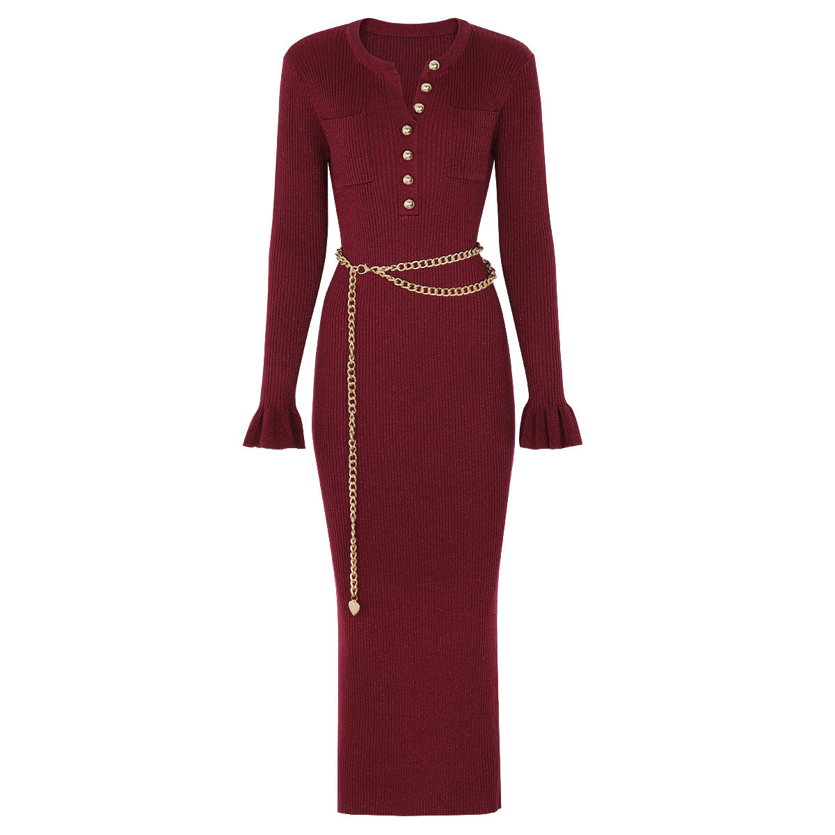 High Quality Fashion Knitted Slim Fit Slimming Chain Belt Dresses