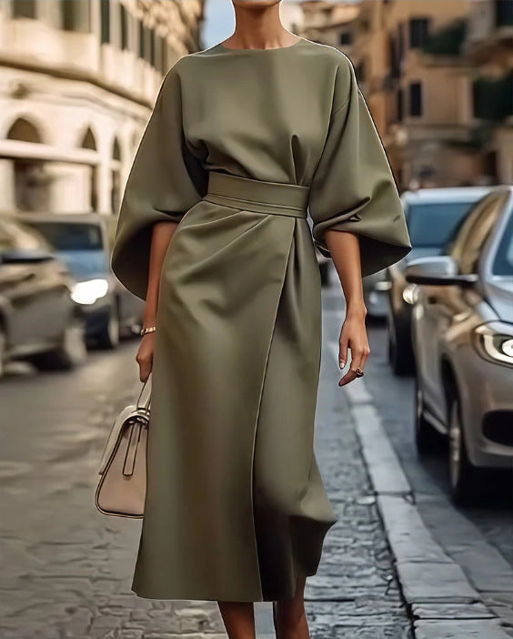 Women's Fashion Elegant Solid Color Waist Tight Casual Dolman Sleeve Dress
