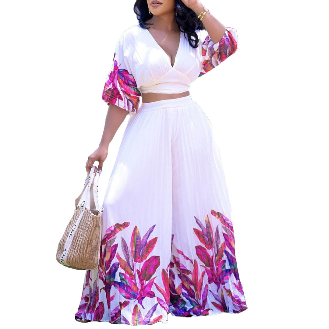 Women's Summer Printed Wide Leg Two-piece Fashion Casual Suit