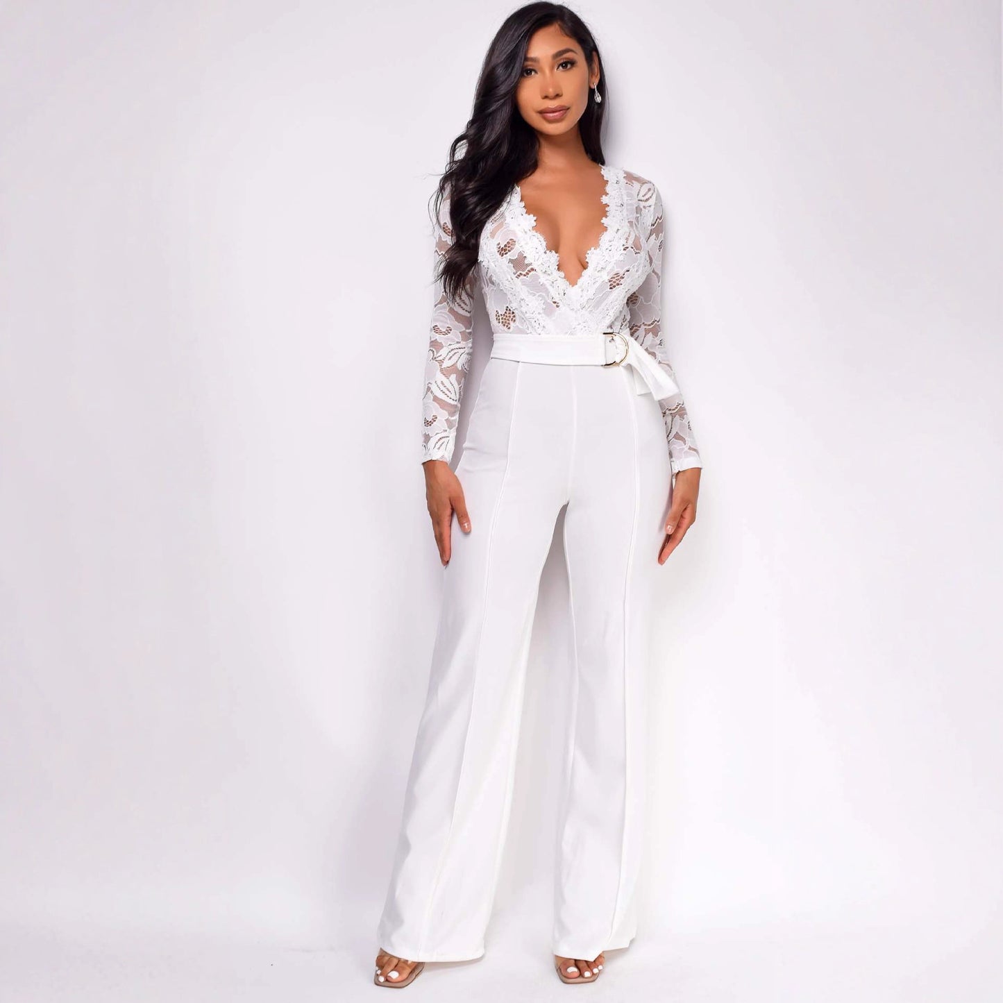 Women's Personalized Line Lace Stitching Long-sleeved Casual Jumpsuits