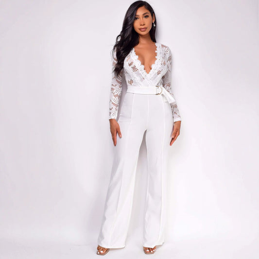 Women's Personalized Line Lace Stitching Long-sleeved Casual Jumpsuits