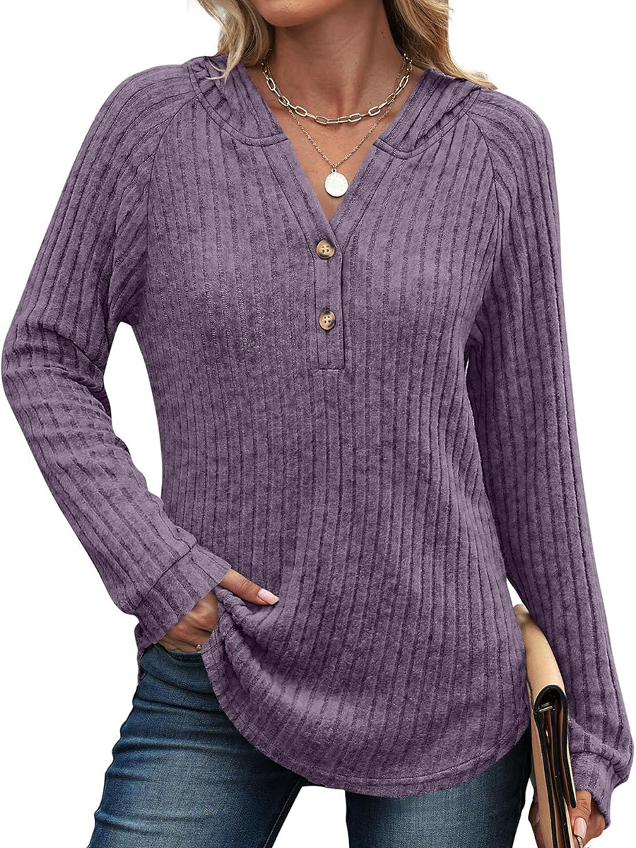 Solid Color Button Loose Hooded Fleece Women's Sweater
