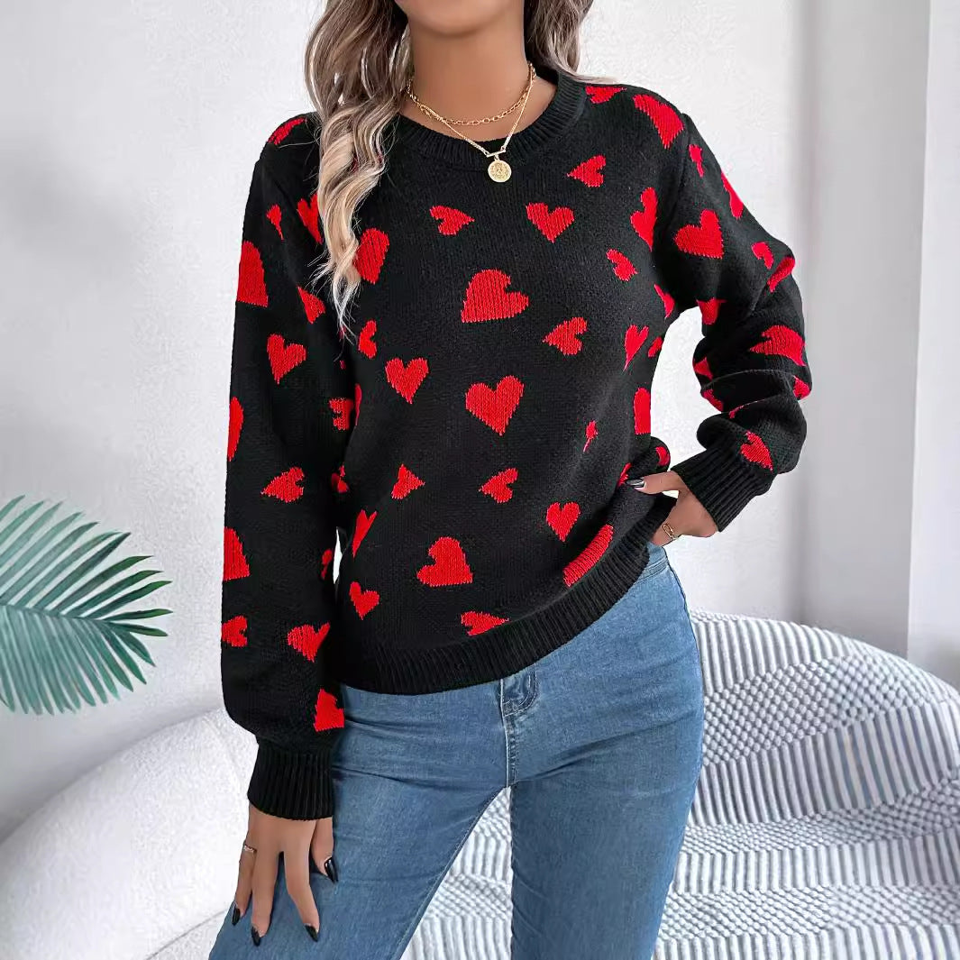 Clearance Casual Contrast Color Love Lantern Sleeve Pullover Sweater