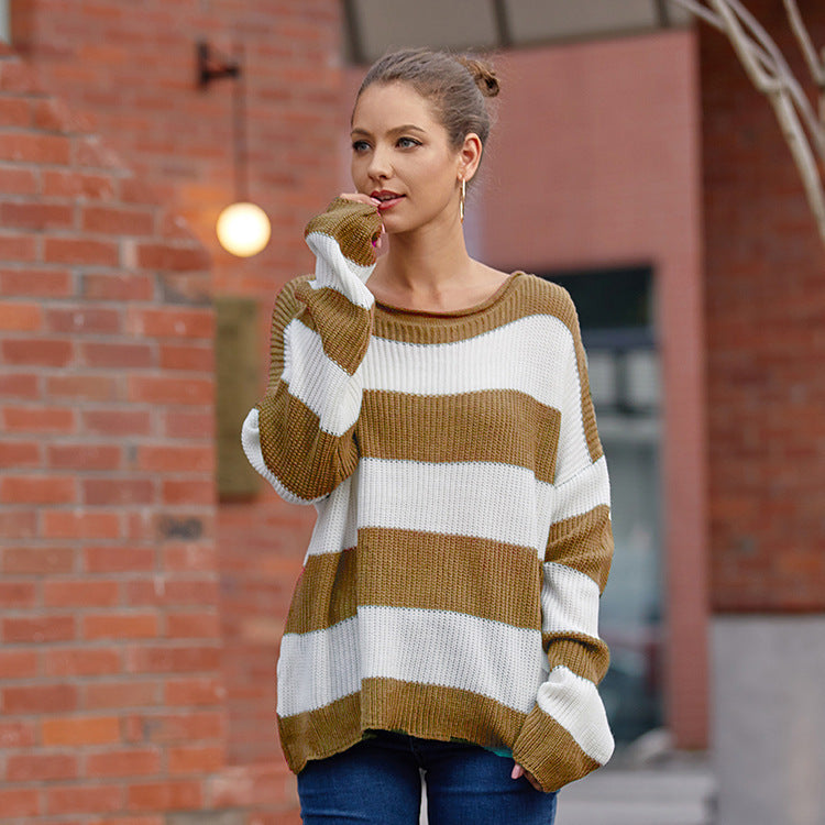 Women's Curling With Round Neck Striped Color Sweaters