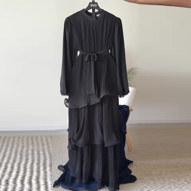 Women's Round Neck Long Sleeve Ruffled Strap Dresses