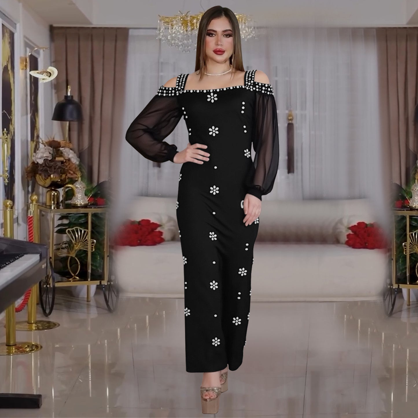 Women's Fashion Wear Elegant Rhinestone Square Collar Mesh Dresses