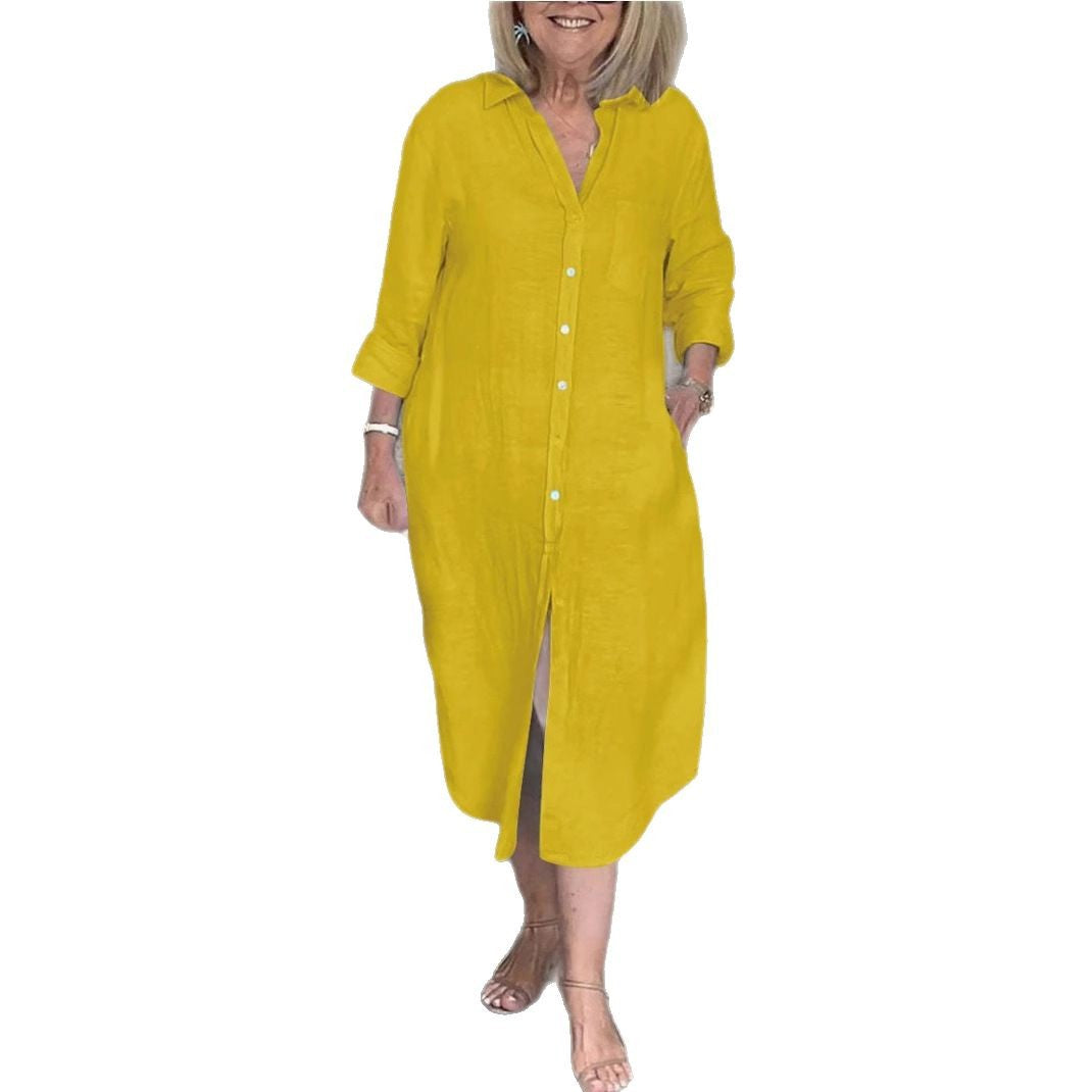 Women's Pocket Casual Polo Collar Single-breasted Cotton Dress