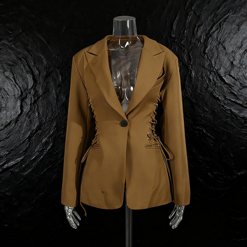 Women's Stand Collar Small Autumn Fashion Tie Waist Slimming Solid Blazers