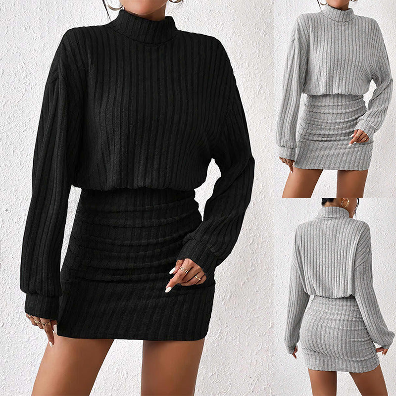 Women's Slim Fit Fashion Sunken Stripe Turtleneck Sheath Dress