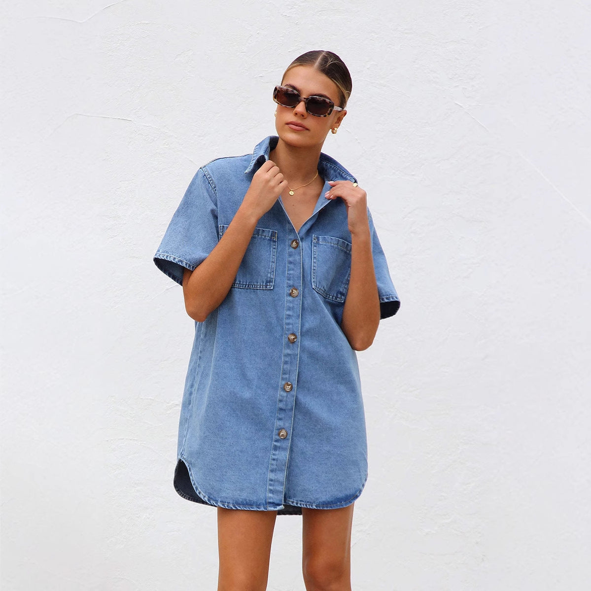 Women's Denim Short-sleeved Lapel Shirt Loose Dress Dresses