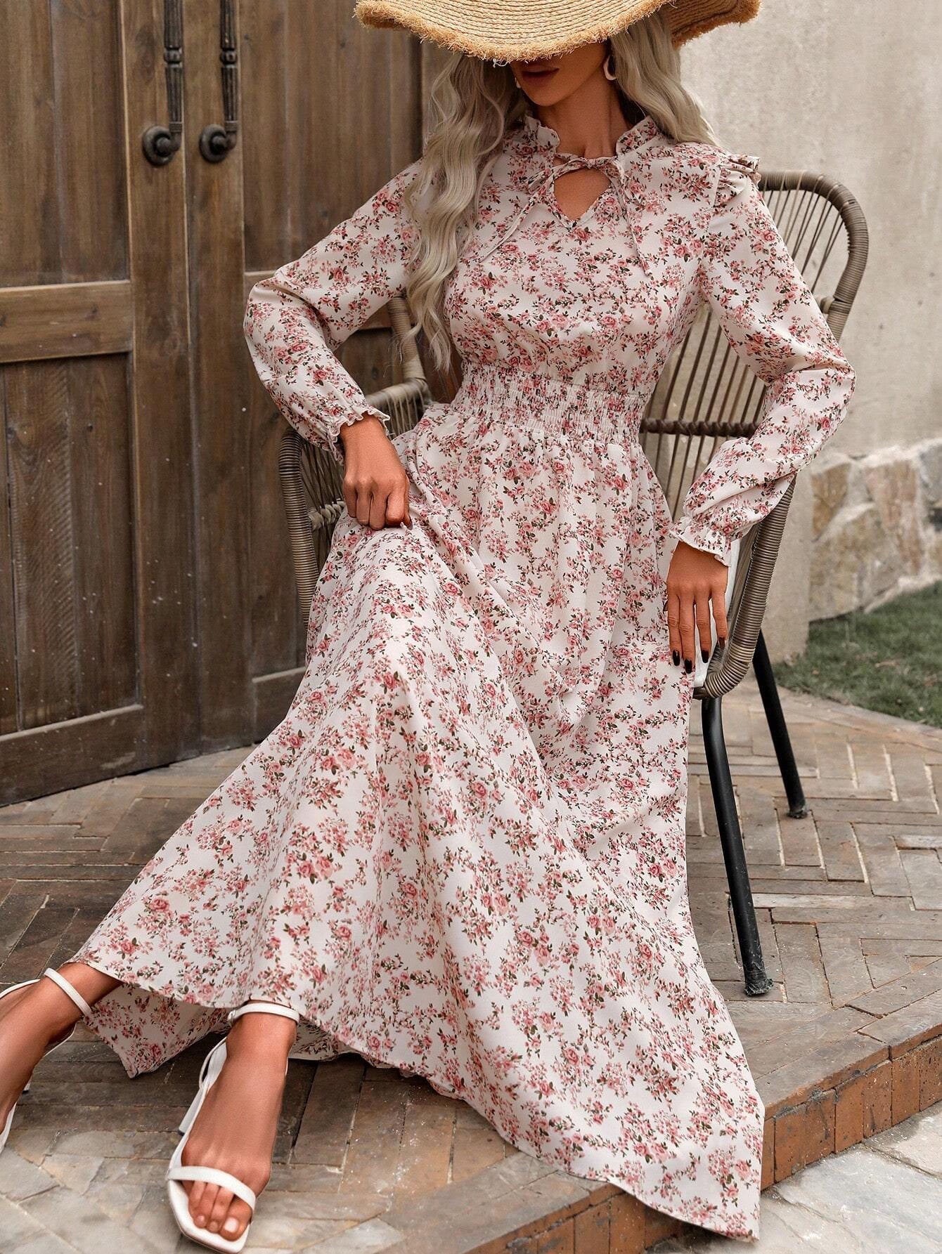Elegant Graceful Floral Print Long Sleeve Dress