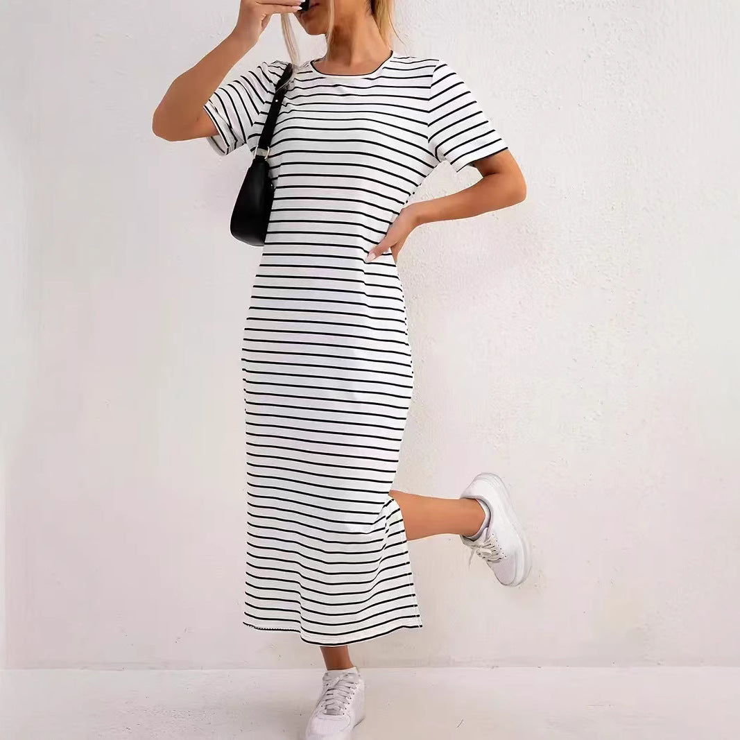 Women's Black White Striped Round Neck Sleeve Floral Print Slit Dress