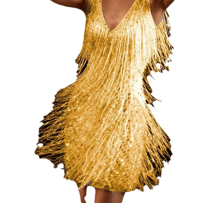 Women's Deep V Sleeveless Pencil Tassel Midi Dresses