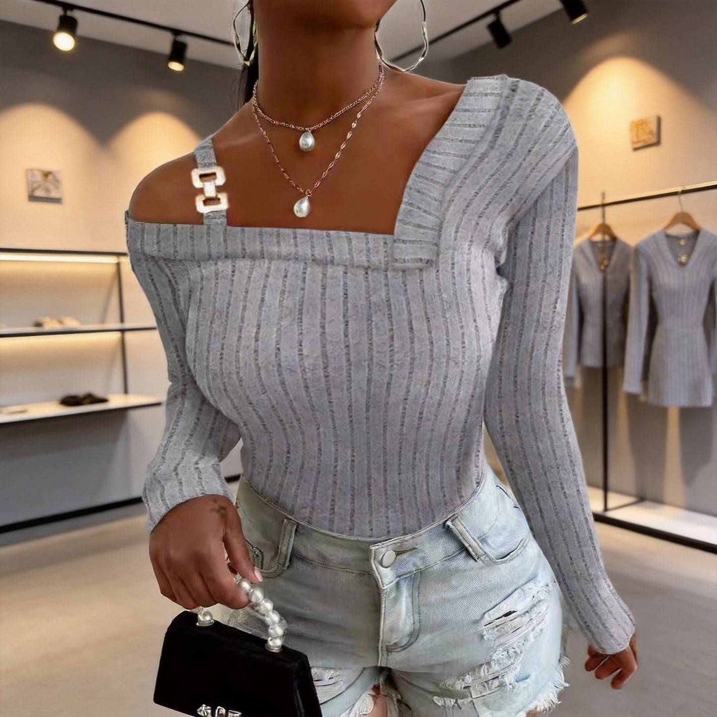 Women's Solid Color Deep V Sexy Stripe Design Slim Fit Long Women's Sweater