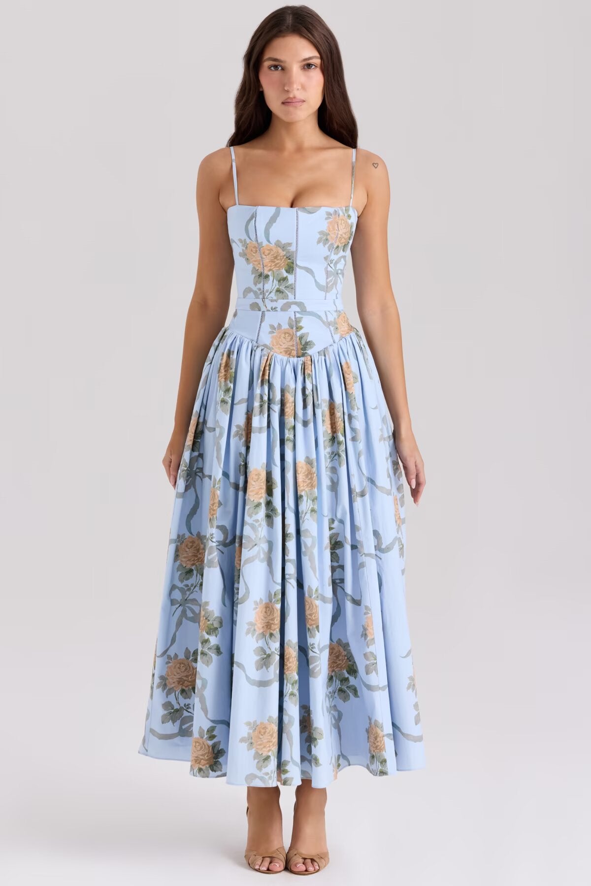 Women's Sky Blue Vintage Rose Print Mid-length Sundress Dresses