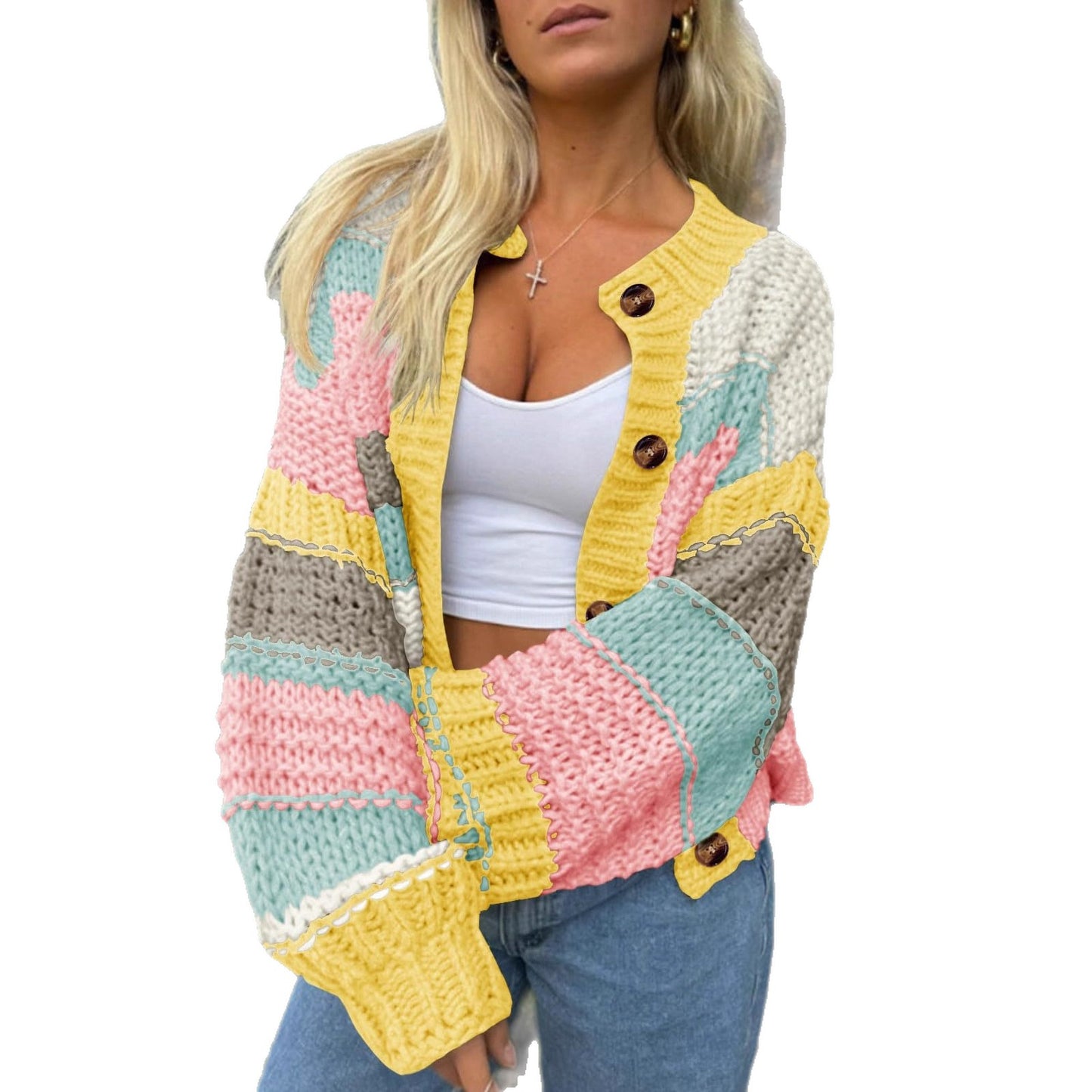 Women's Striped Thick Needle Button Color Block Stitching Sweaters