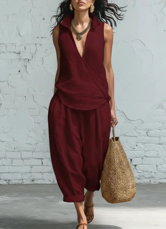 Women's Simple Lapel Shirt Wide Leg Linen Two-piece Fashion Casual Suit