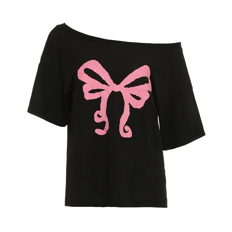 Women's Bow Print Diagonal Collar Sleeve For Sweet Cool Blouses
