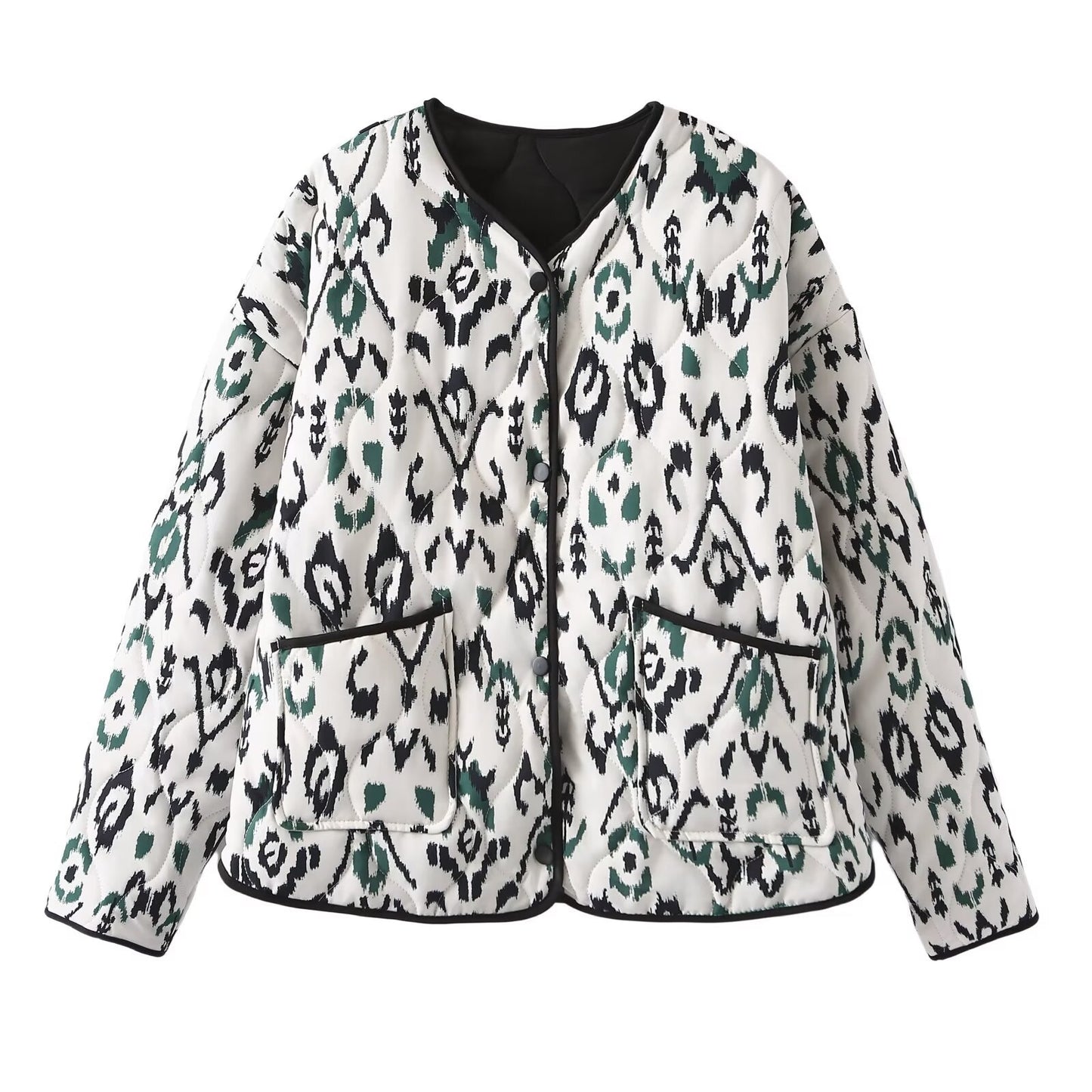Women's Retro Collarless Pocket Printed Quilted Loose Coats