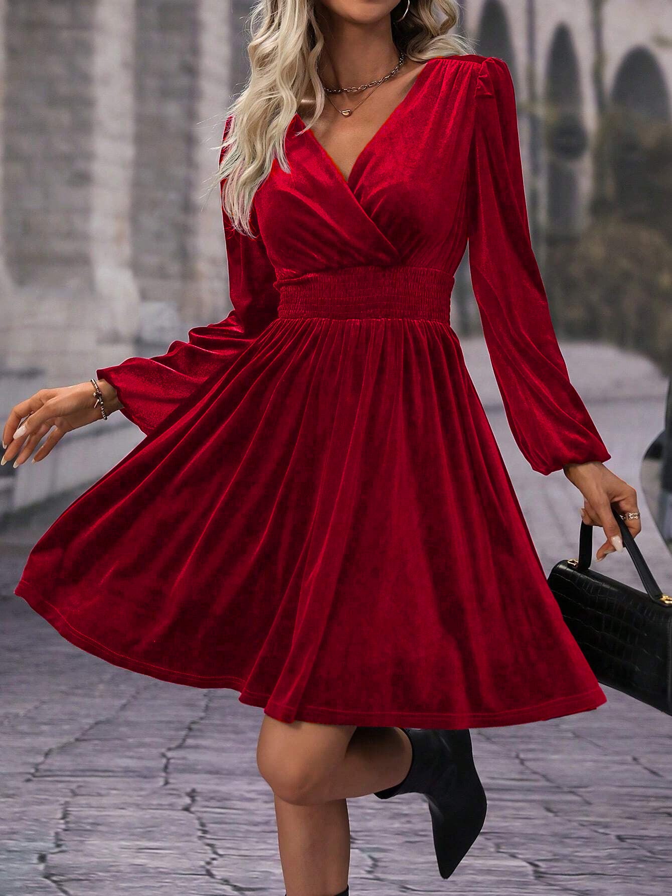 Versatile Veet Solid Color Long Sleeve Dress