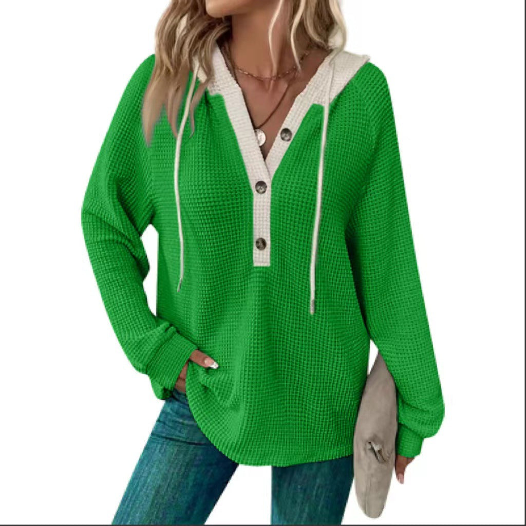 Women's Waffle Hooded Button Loose Long Sleeve Matching Women's Sweater, Sweater