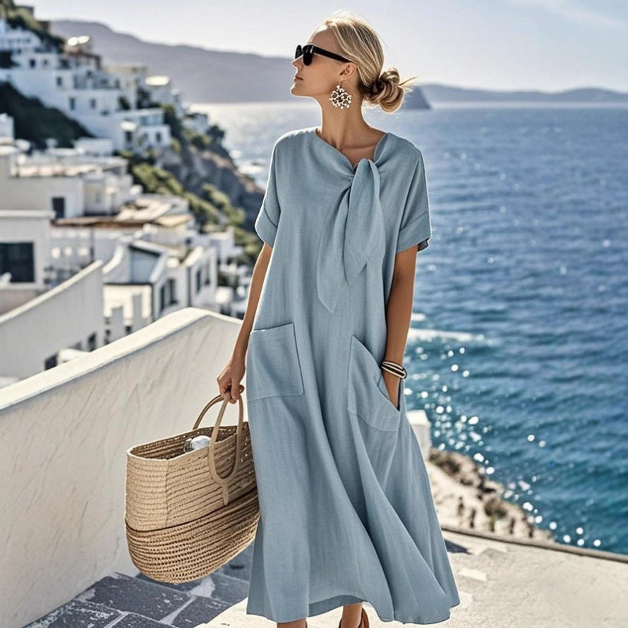 Sleeve Bow Pocket Wide Hem Loose Dress