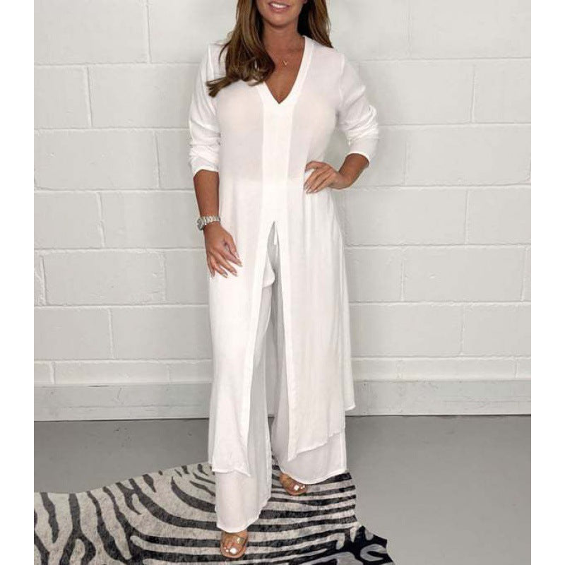Women's Autumn Pure Color Split Long Shirt Trousers Clothing