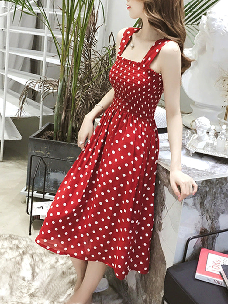Women's Red Inner Strap Summer Mid-length Polka Dress