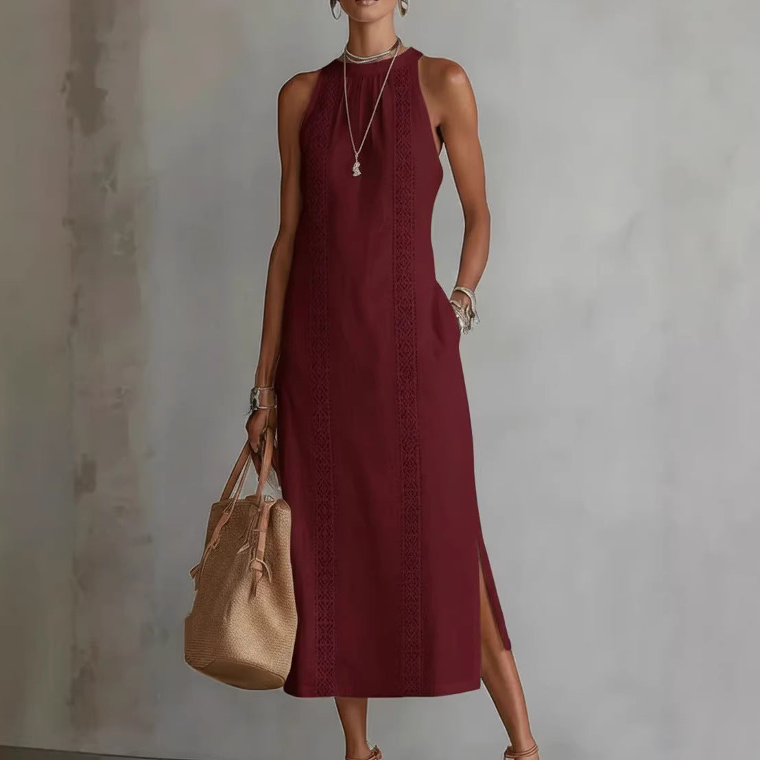 Women's Spring Clothes Halter Vacation Solid Color Lace Stitching Dress