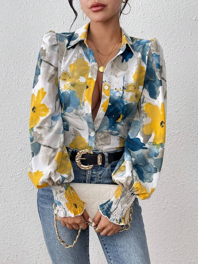 Women's Lapel Bubble Long Sleeve Loose Printed Blouses