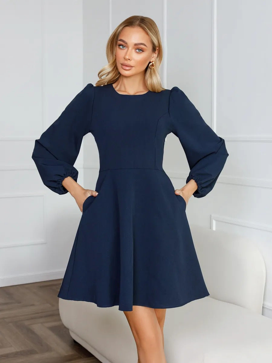 Women's Autumn Round Neck Large Swing Pocket A- Line Bubble Dress
