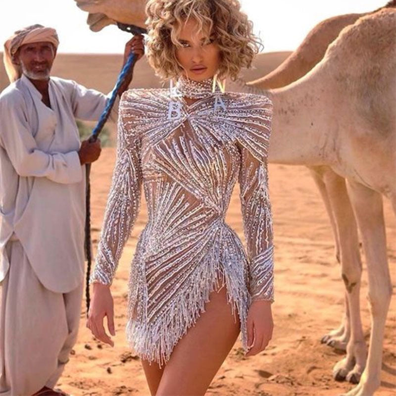 Women's Sexy Long-sleeved Dress Gold Sier Tassel Fashion Casual Suit