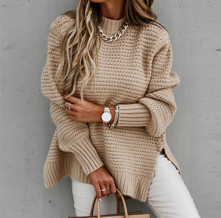 Women's Turtleneck Loose-fitting Solid Color Long Sleeves Side Slit Knitted Sweater