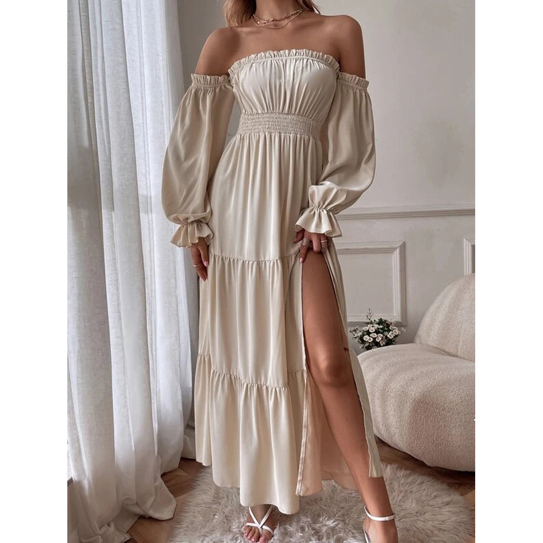Ruffled Long Sleeve High Slit Dress Dresses