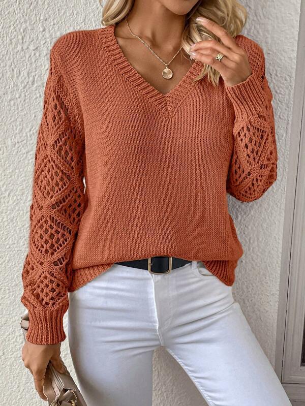 Women's Long Sleeve Hollow Out Pullover Crocheted Jacquard Loose-fitting Base Sweaters