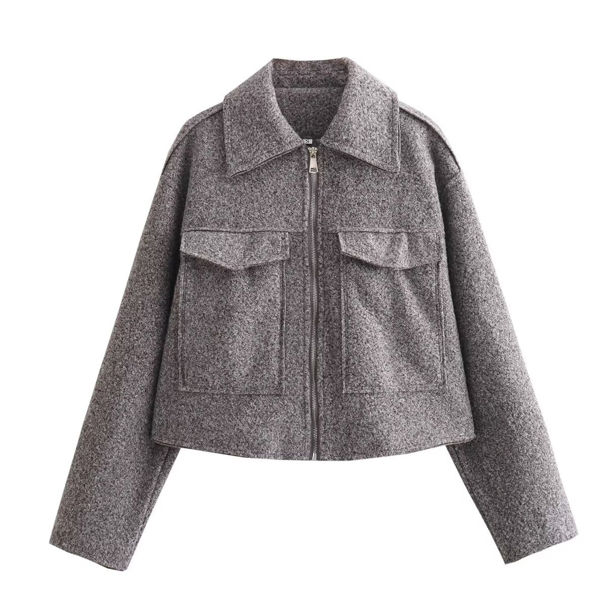 Women's Large Pocket Zipper Long Sleeve Woolen Coats