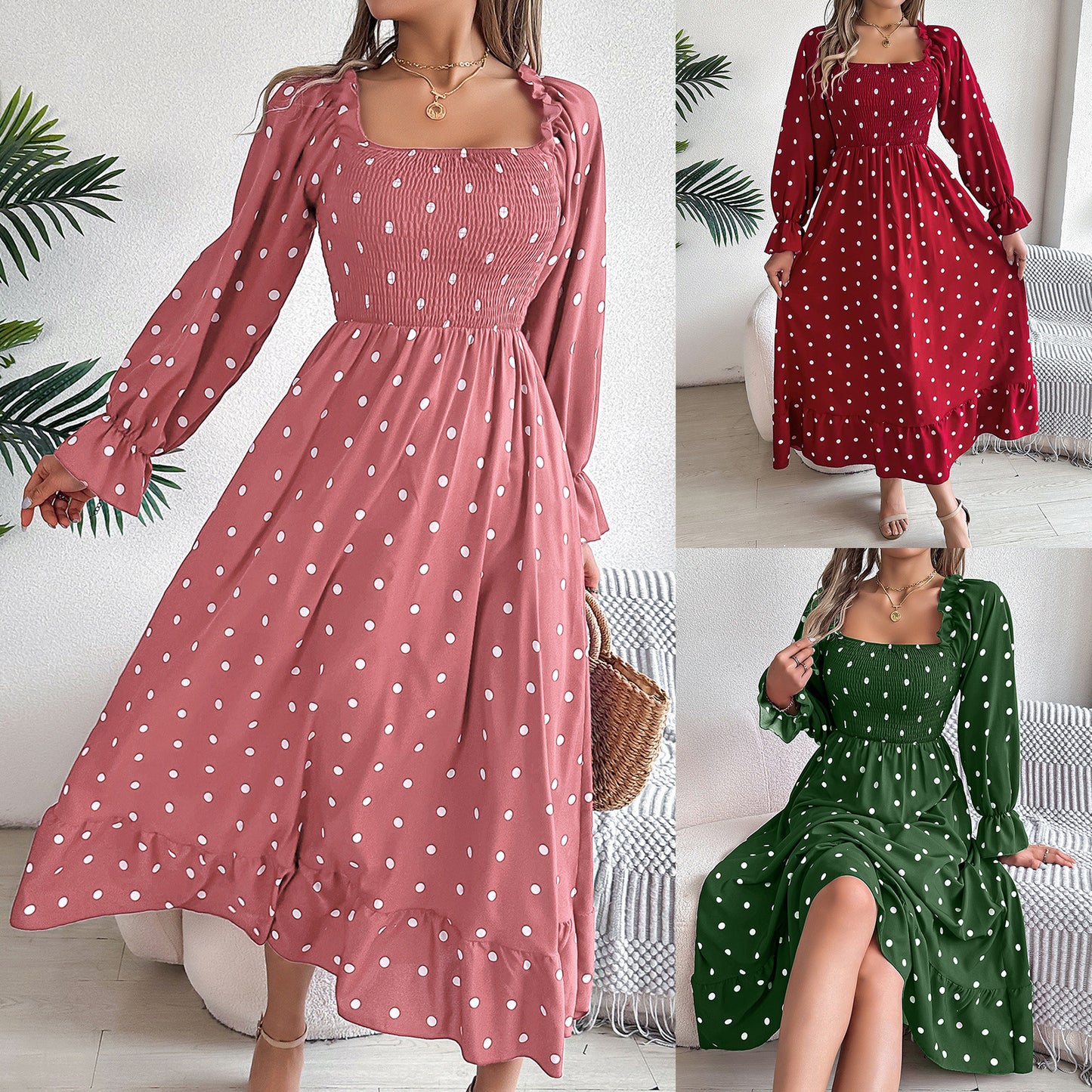 Women's Casual Wooden Ear Square Collar Polka Dot Large Dress
