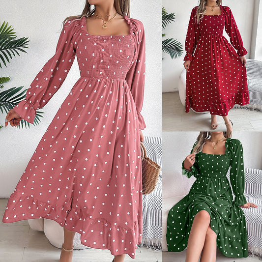 Women's Casual Wooden Ear Square Collar Polka Dot Large Dress
