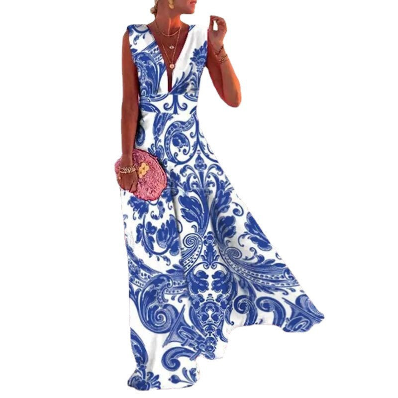 Women's Popular Pattern Deep V Mid Waist Dresses