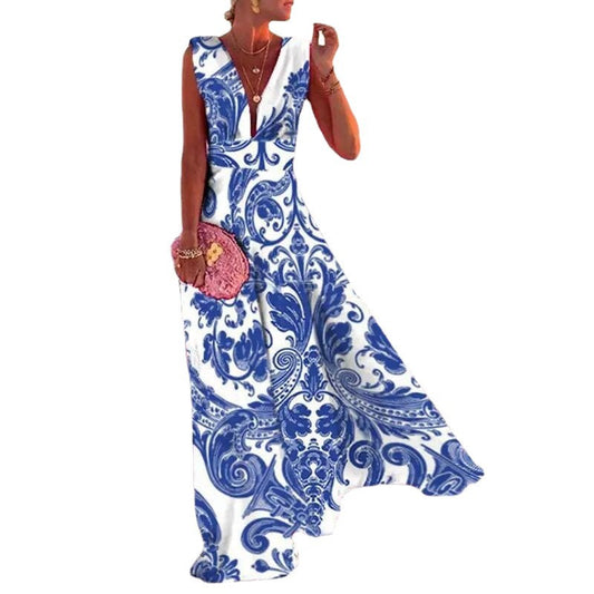 Women's Popular Pattern Deep V Mid Waist Dresses