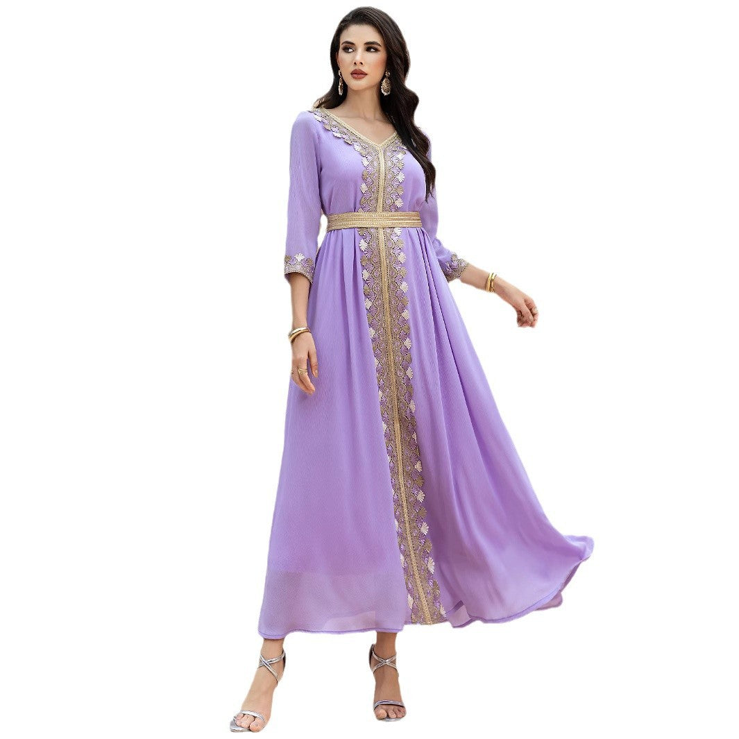 Violet Swing Stitching Golden Ribbon Temperament Dresses
