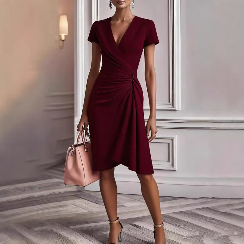 Women's Slimming Solid Color Hip Long Sleeve V Dress