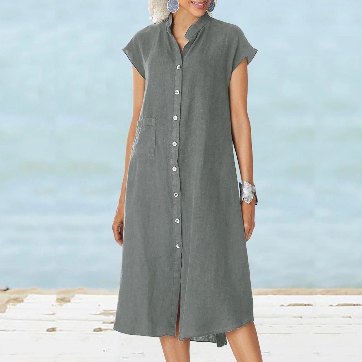 Collar Single-breasted Cotton Linen Pocket Dress Dresses