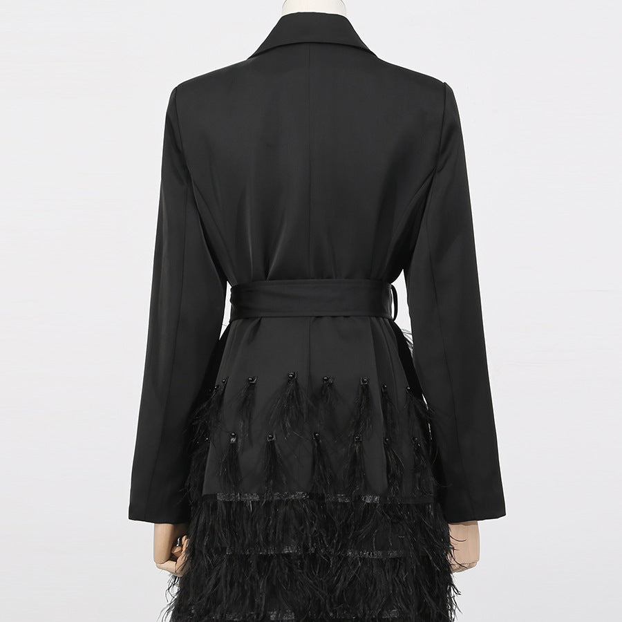Women's Autumn Ostrich Feather Belt Slim Fit Slimming Dress