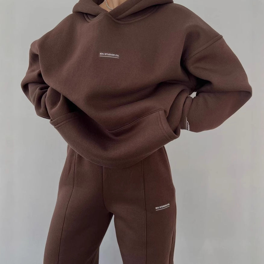 Women's Outfit Fleece-lined Long Sleeve Thick Trousers Fashion Casual Suit