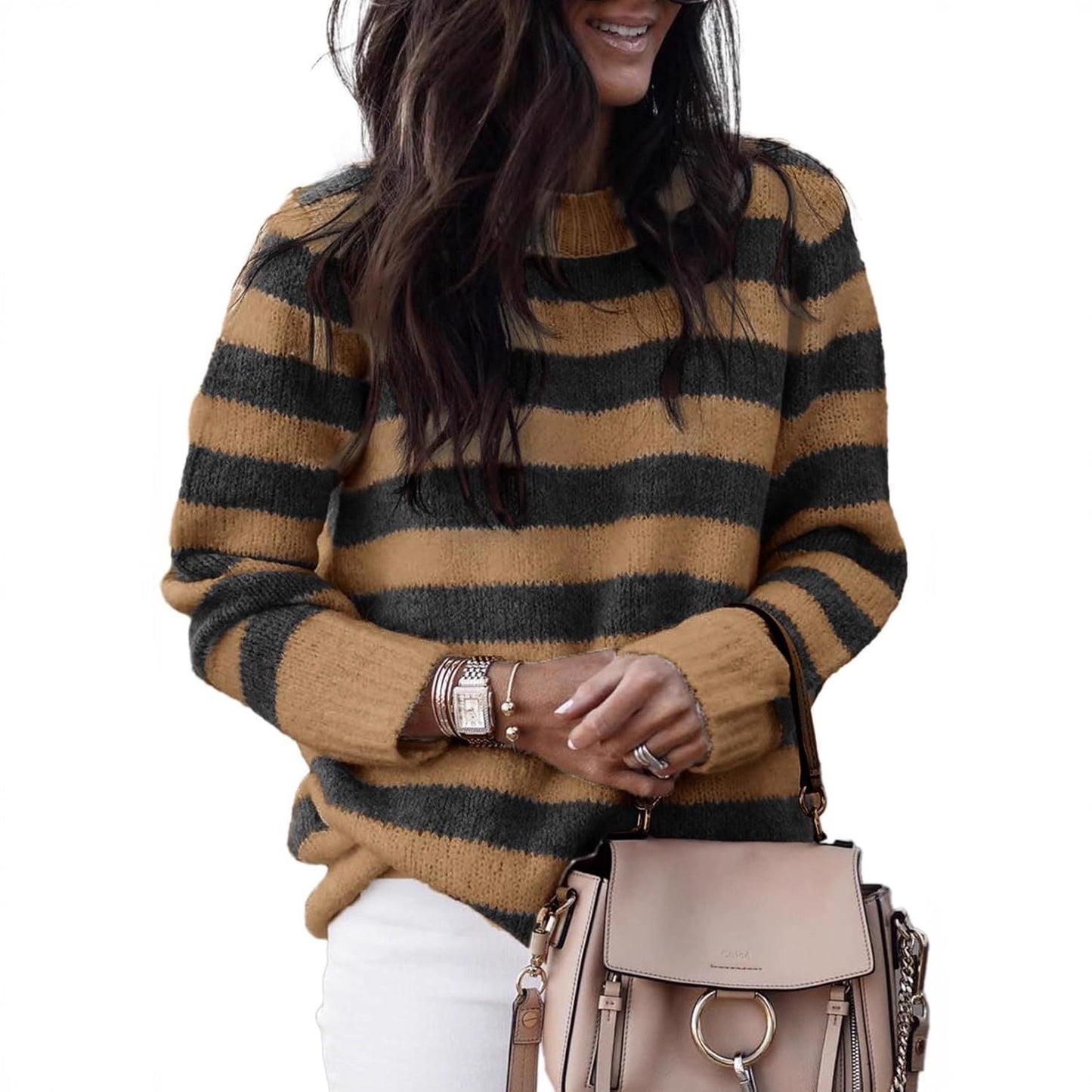 Women's Neck Striped Cute Color Matching Pullover Sweater